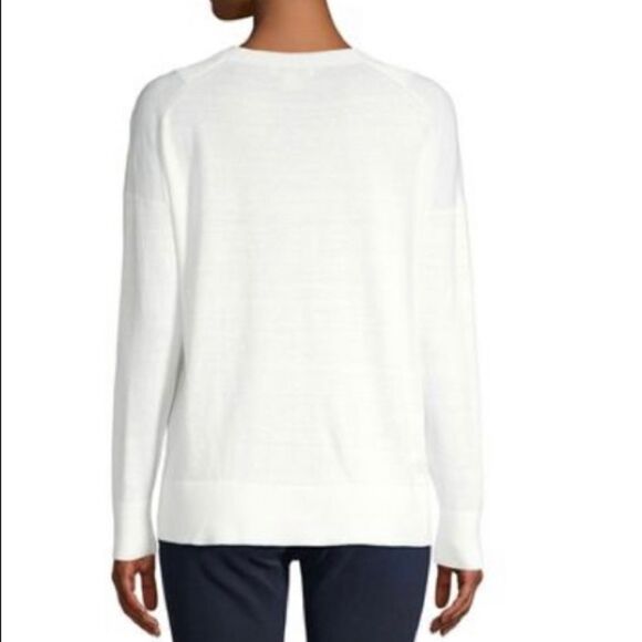 Pure Navy White V-Neck Cotton-Blend Sweater - Picture 2 of 4